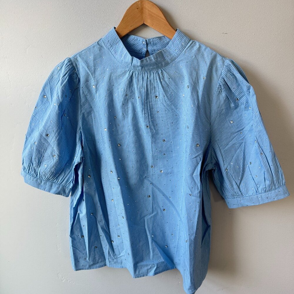NWT Loft Blue White Striped Short Puff Sleeve Blouse Glitter Dots Cottagecore